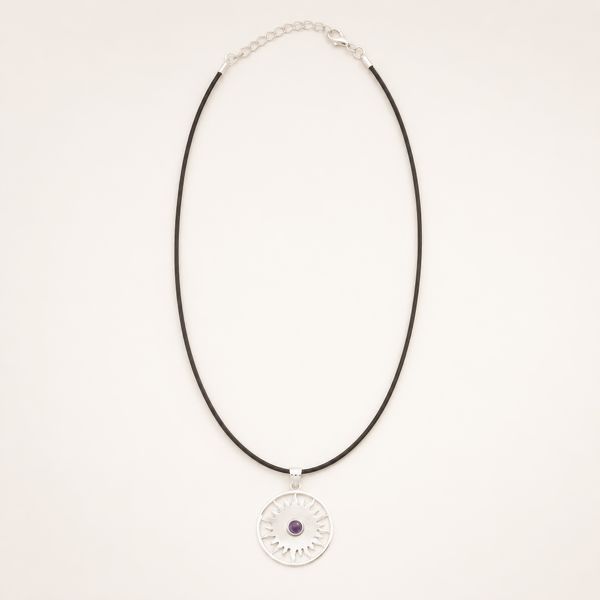 Indian Devotional Pendant - Silver Plated (45cm Cord)- Sun Worship Amethyst