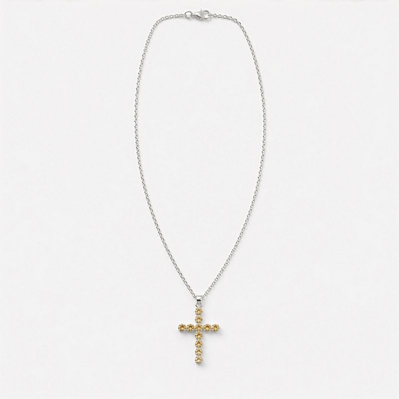 Indian Devotional Pendant - Silver Plated (45cm Chain)- Citrine Crucifix