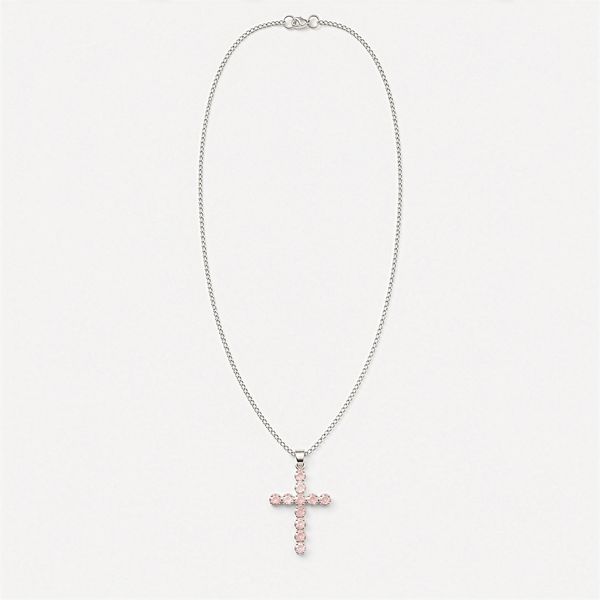 Indian Devotional Pendant - Silver Plated (45cm Chain)- Rose Quartz Crucifix