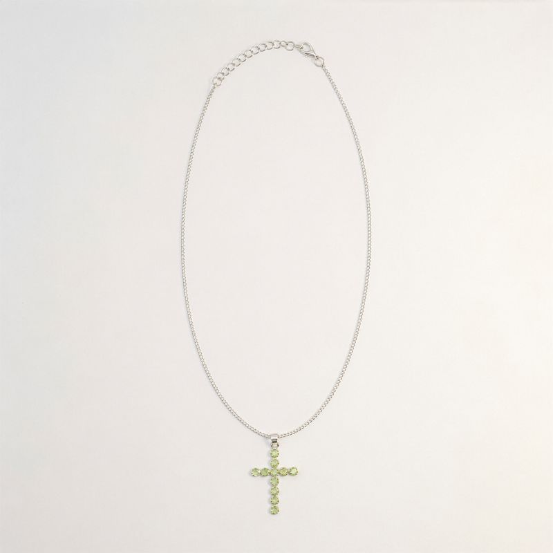 Indian Devotional Pendant - Silver Plated (45cm Chain)- Peridot Crucifix