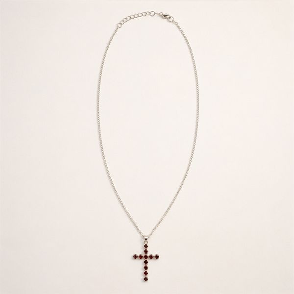Indian Devotional Pendant - Silver Plated (45cm Chain)- Garnet Crucifix