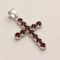 Indian Devotional Pendant - Silver Plated (45cm Chain)- Garnet Crucifix