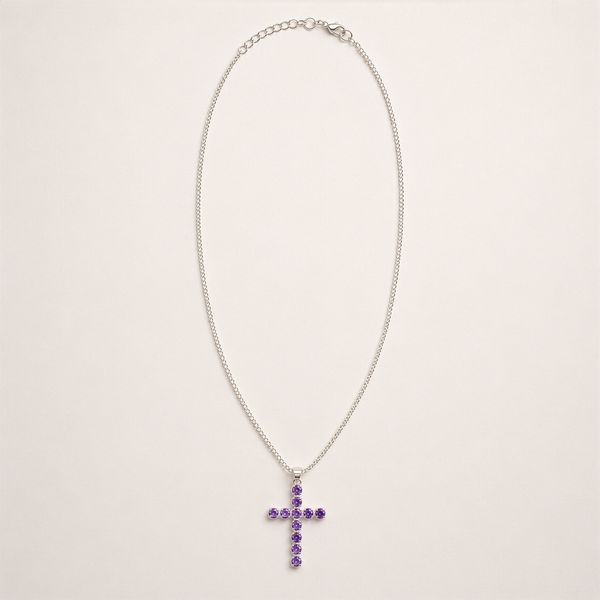 Indian Devotional Pendant - Silver Plated (45cm Chain)- Amethyst Crucifix