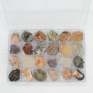 Mineral Specimens - Mixed Indian Zeolites in a Display (White Apophyllite, Stilbite,Finger Quartz, Amethyst, Green Stilbite, Heulandite)