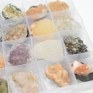 Mineral Specimens - Mixed Indian Zeolites in a Display (White Apophyllite, Stilbite,Finger Quartz, Amethyst, Green Stilbite, Heulandite)