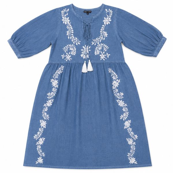 Nomad Sari On the Med Collection - Dress - Dusky Blue with Embroidery & Tassels (L-XL)