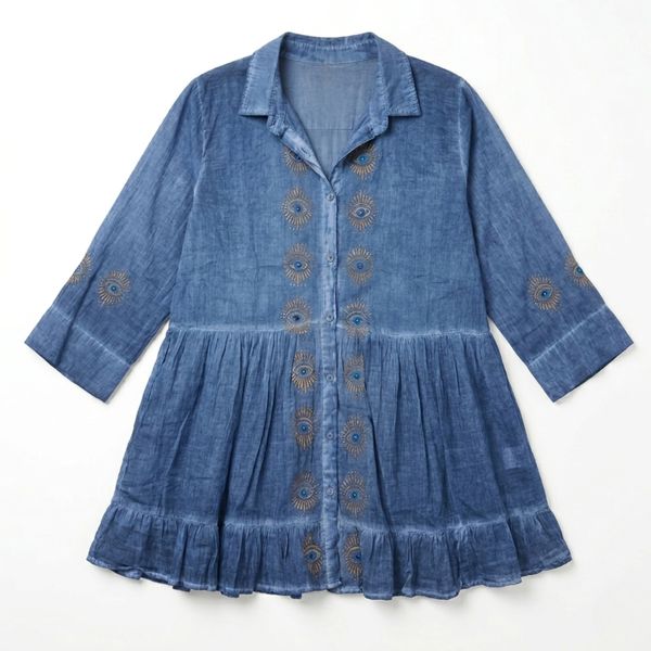 Nomad Sari On the Med Collection - Tunic Dress - Dusky Blue with Evil Eye Block Print (M-L)