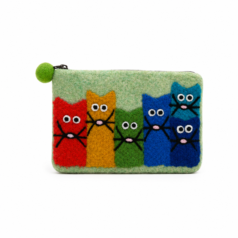 Curious Cat Group Felt Purse- (3 assorted colours)
