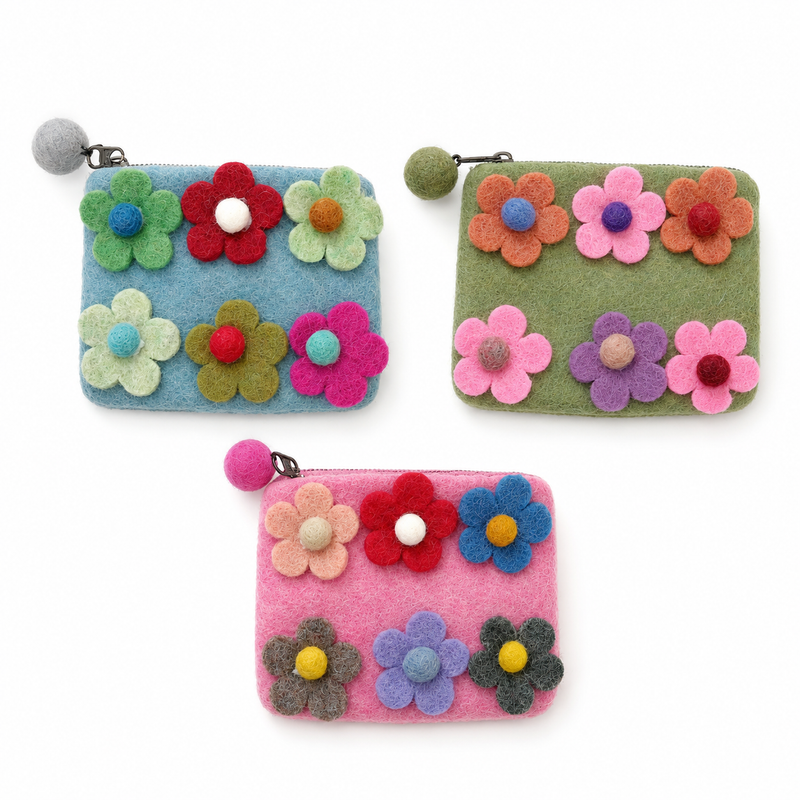 Six Flower Felt Zipper Pouch (3 asst)