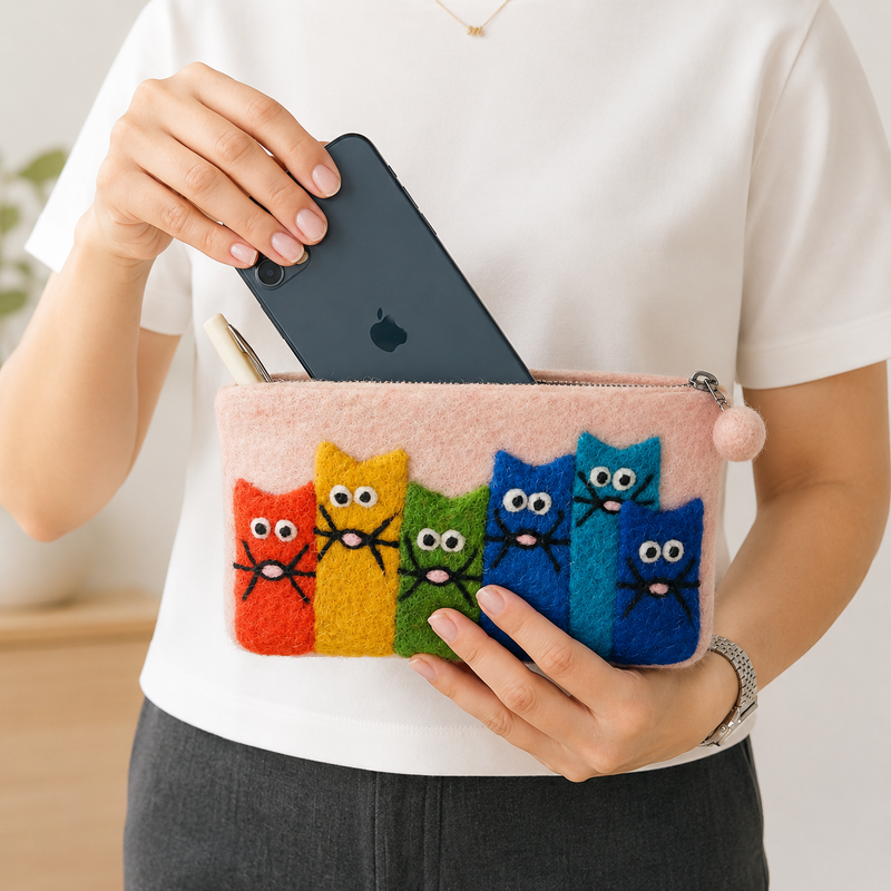 Curious Cat Group Felt Purse- (3 assorted colours)