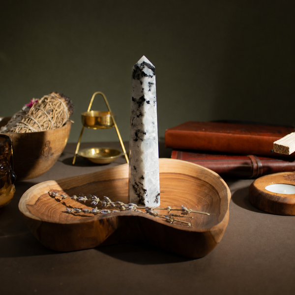 Gemstone Six Face Obelisk Point approx 17cm - Rainbow Moonstone