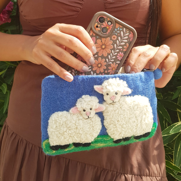 Natural Felt Zipper Pouches - Countryside Classic Sheep