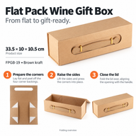Flat Pack Gift Box - Wine Box Shape (33.5x10x10.5cm) - Brown Craft