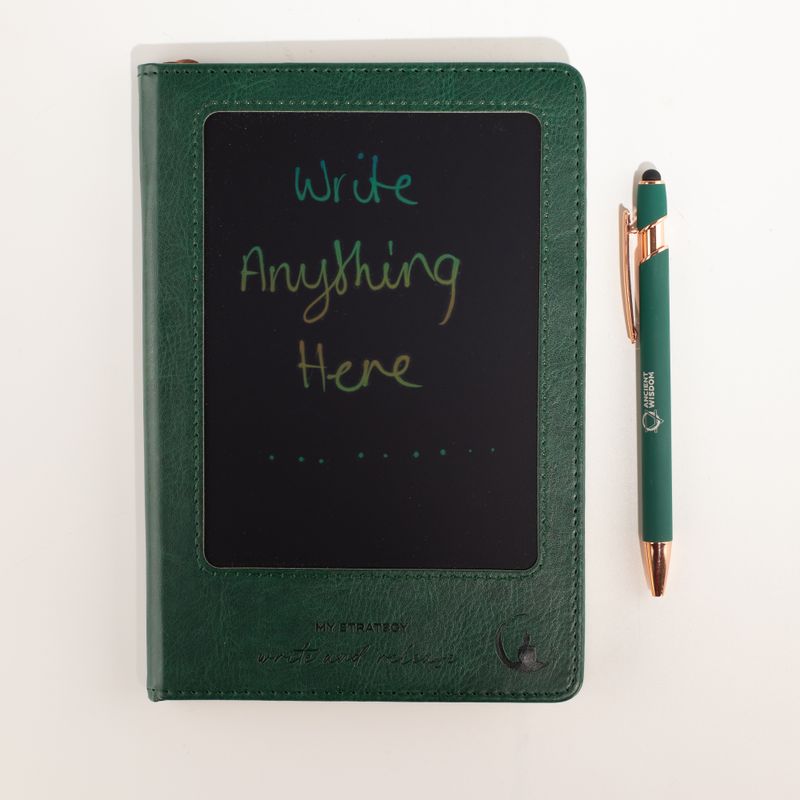Intention Note Book - LCD Wipe Screen - Green Leather Effect - Brass Leaf - 80 Leafs