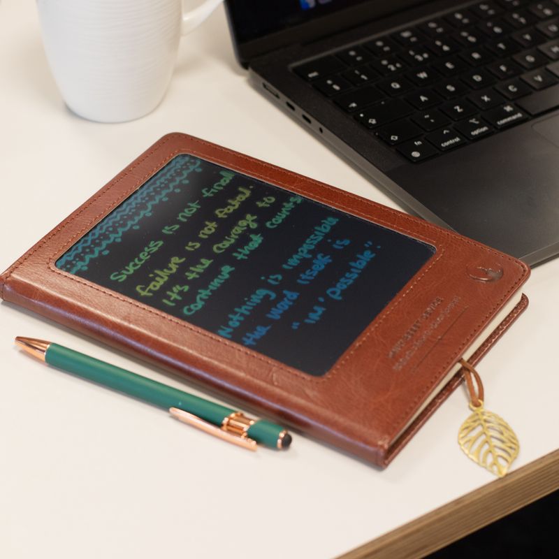 A5 Intention Note Book - LCD Wipe Screen - Brown Leather Effect - 80 Leafs