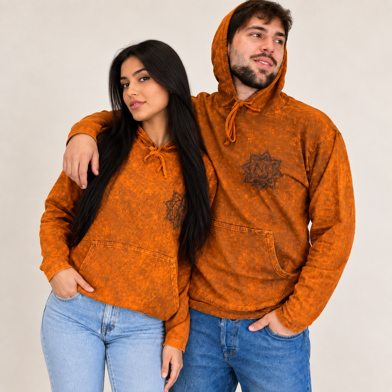 Small Stone Washed Hoody Shirt Kangaroo Pocket - Burnt Orange