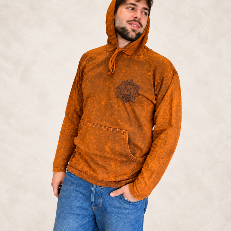 Small Stone Washed Hoody Shirt Kangaroo Pocket - Burnt Orange