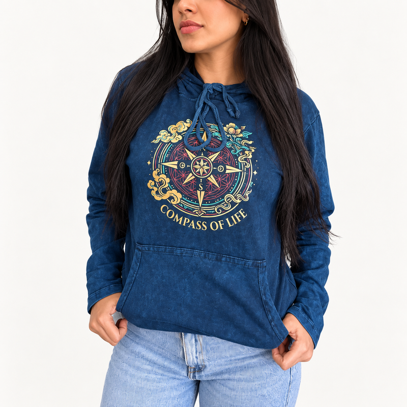 Small Stone Washed Hoody Shirt Kangaroo Pocket - Blue Compass of Life