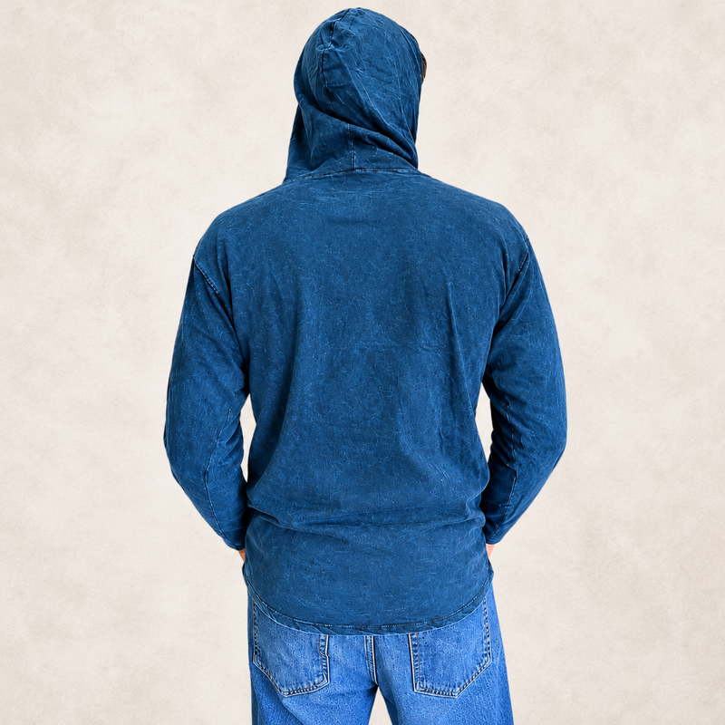 Med Stone Washed Hoody Shirt Kangaroo Pocket - Blue Compass of Life