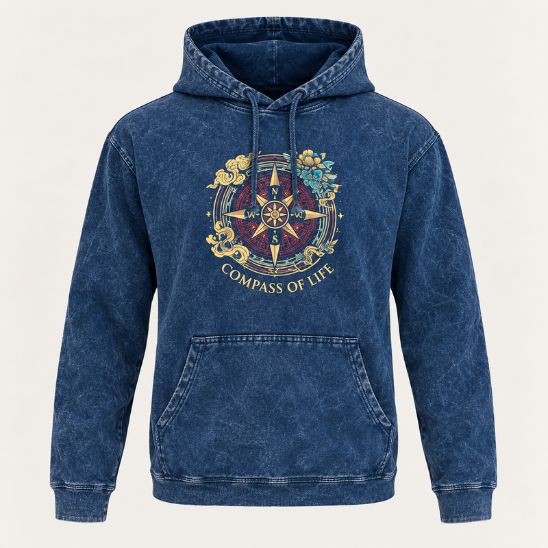Large Stone Washed Hoody Shirt Kangaroo Pocket - Blue Compass of Life