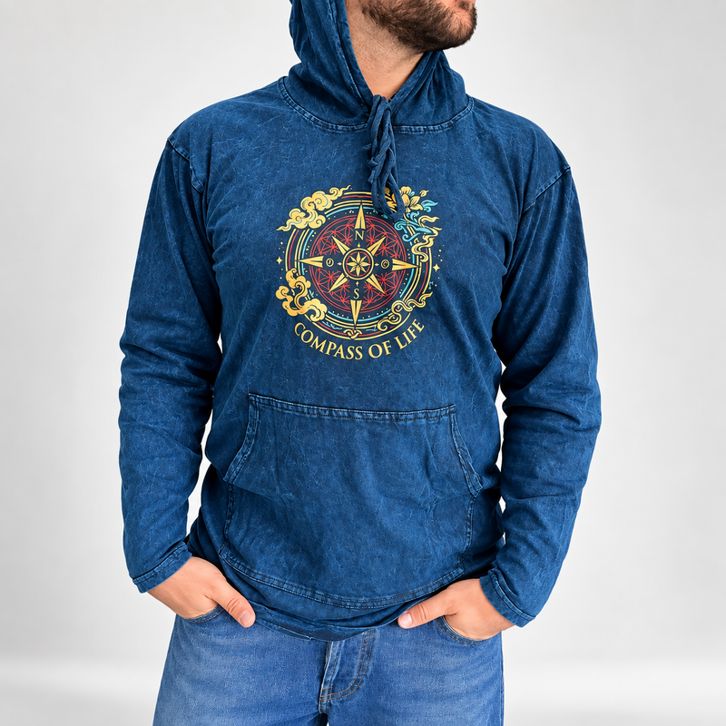 Large Stone Washed Hoody Shirt Kangaroo Pocket - Blue Compass of Life