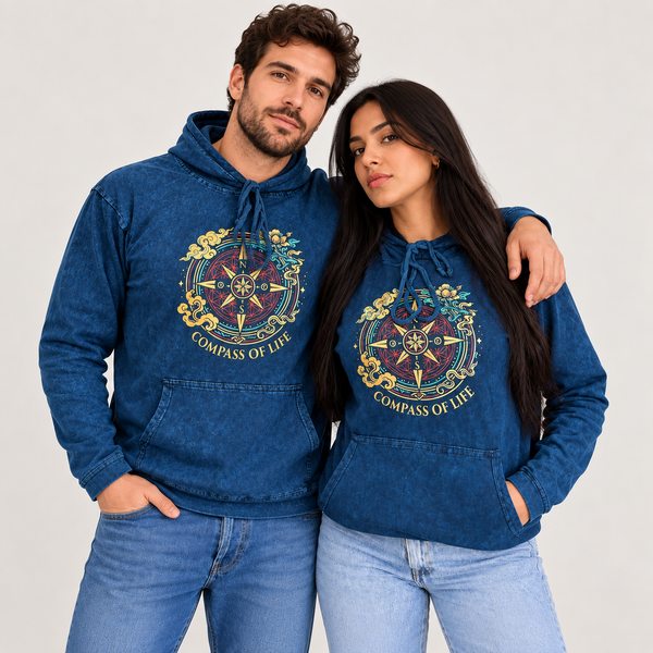 XLarge Stone Washed Hoody Shirt Kangaroo Pocket - Blue Compass of Life
