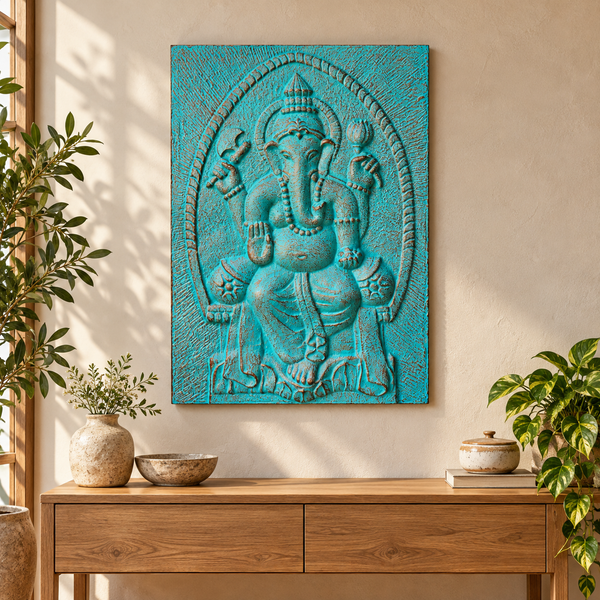 Large Ganpati Iron Frame Turquoise Relief - 0.7x1m