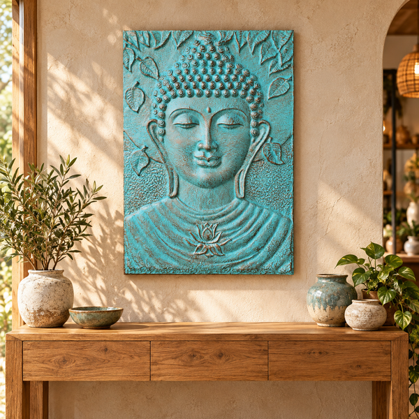 Large Buddha Iron Frame Turquoise Relief - 0.7x1m