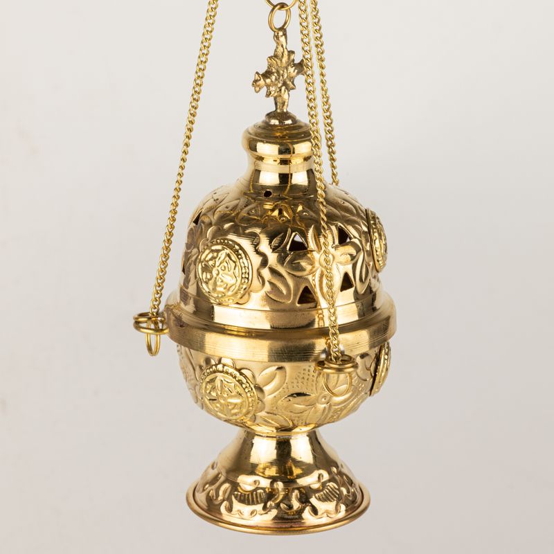 Hanging Brass Incense Burner - Threaded Chain - 16.5x6.5cm (Fine Brass)