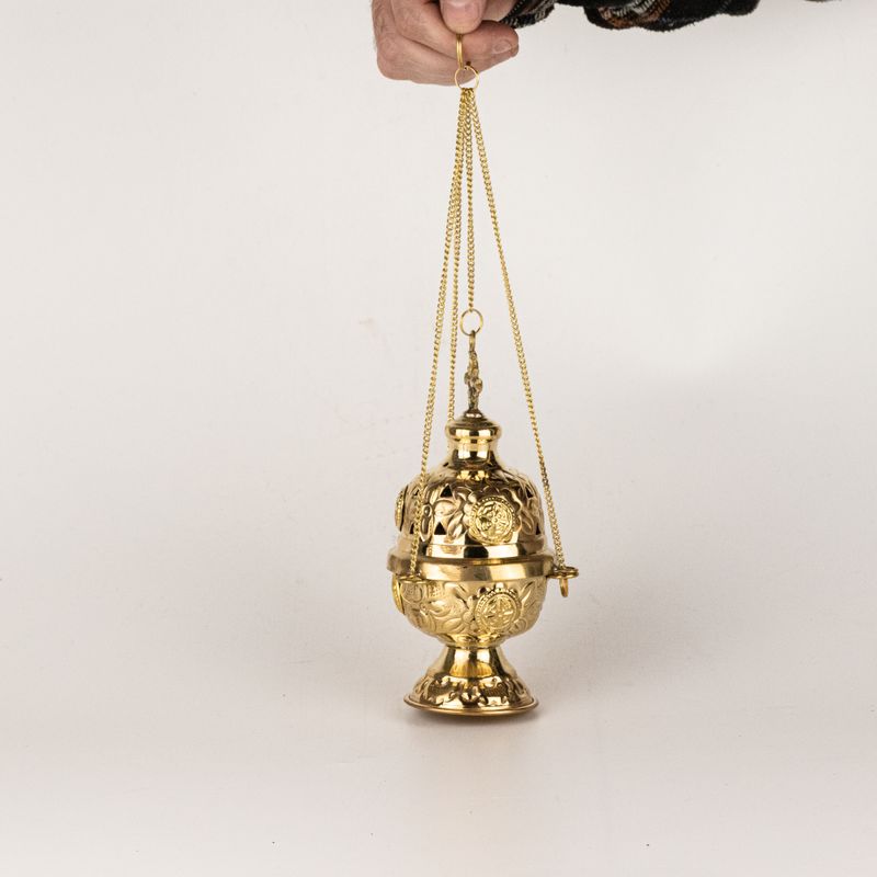 Hanging Brass Incense Burner - Threaded Chain - 16.5x6.5cm (Fine Brass)