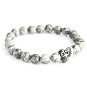 3x Pewter Skull / Grey Agate - Gemstone Bracelet