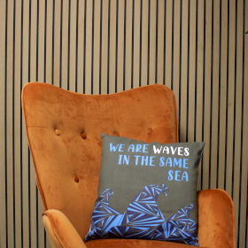 3x Printed Cotton Cushion Cover - We are Waves - Grey, Blue and Natural