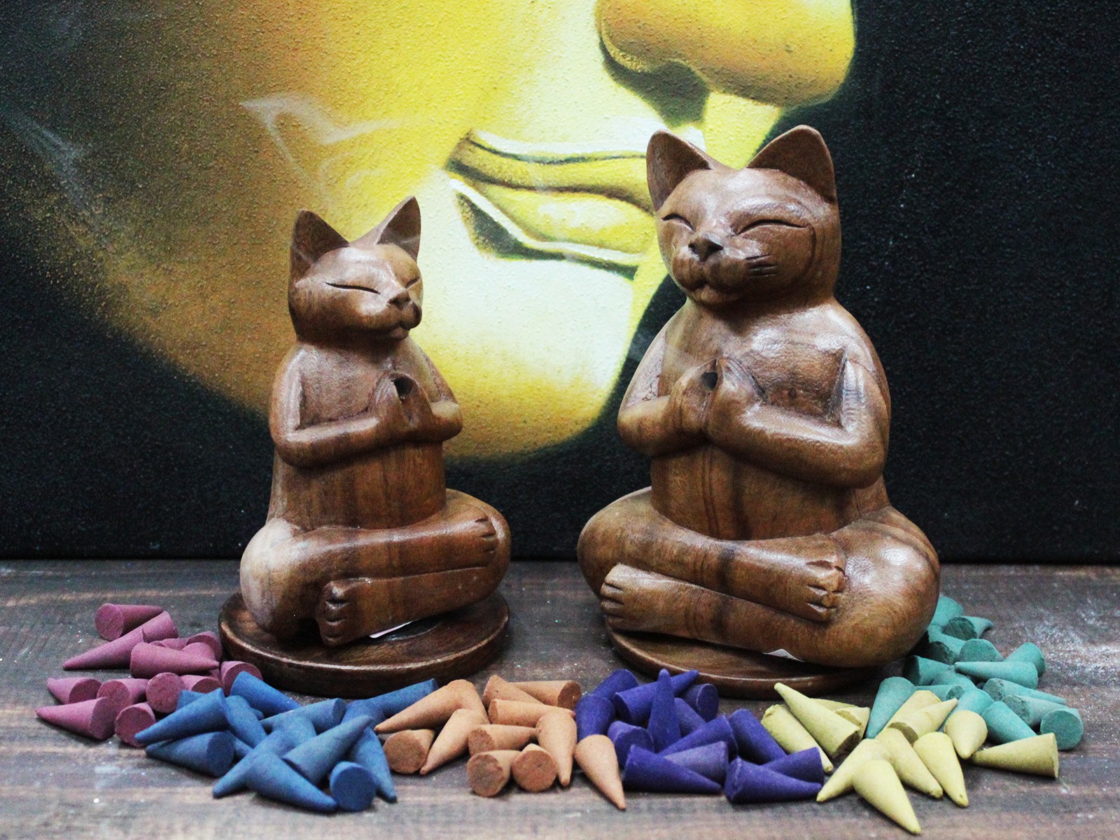 Wooden Carved Incense Burners - Med Yoga Cat