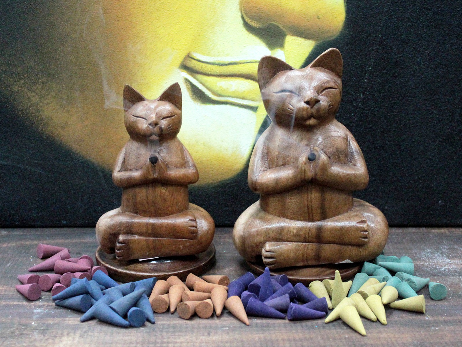 Wooden Carved Incense Burners - Lrg Yoga Cat