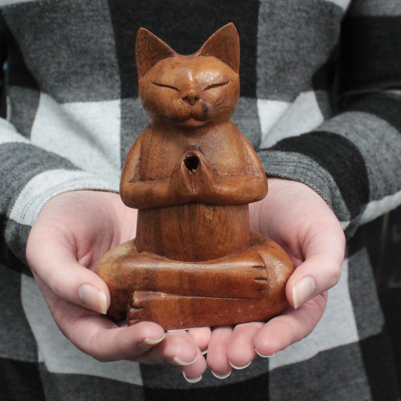 Wooden Carved Incense Burners - Med Yoga Cat