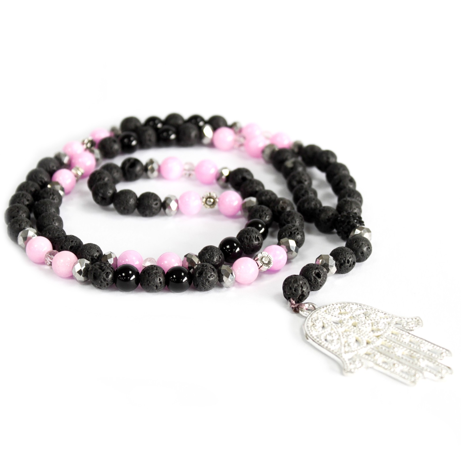 Hamsa / Pink & Black - Gemstone Necklace