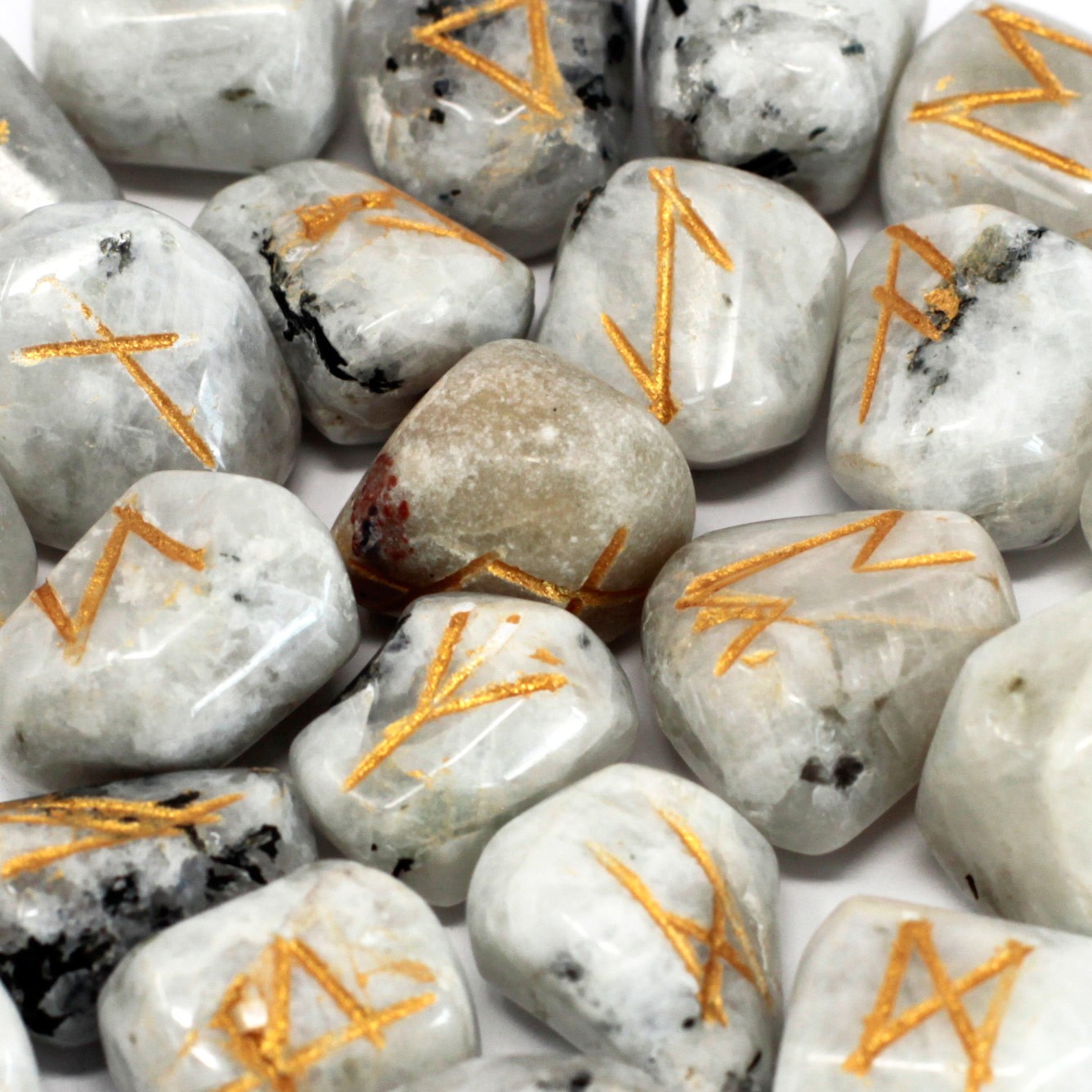 Runes Stone Set in Pouch - Rainbow Moonstone