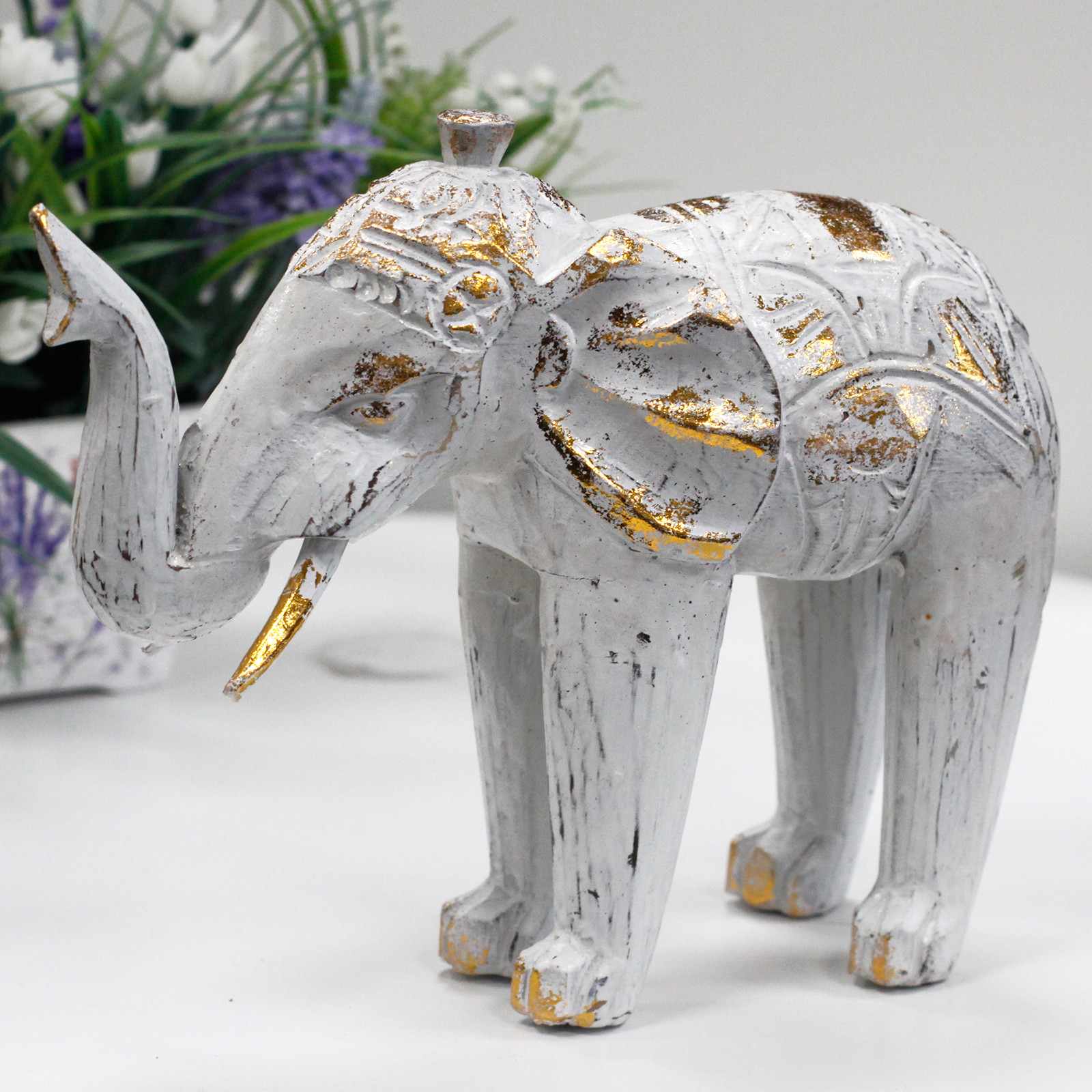 Wood Carved Elephant - White Gold