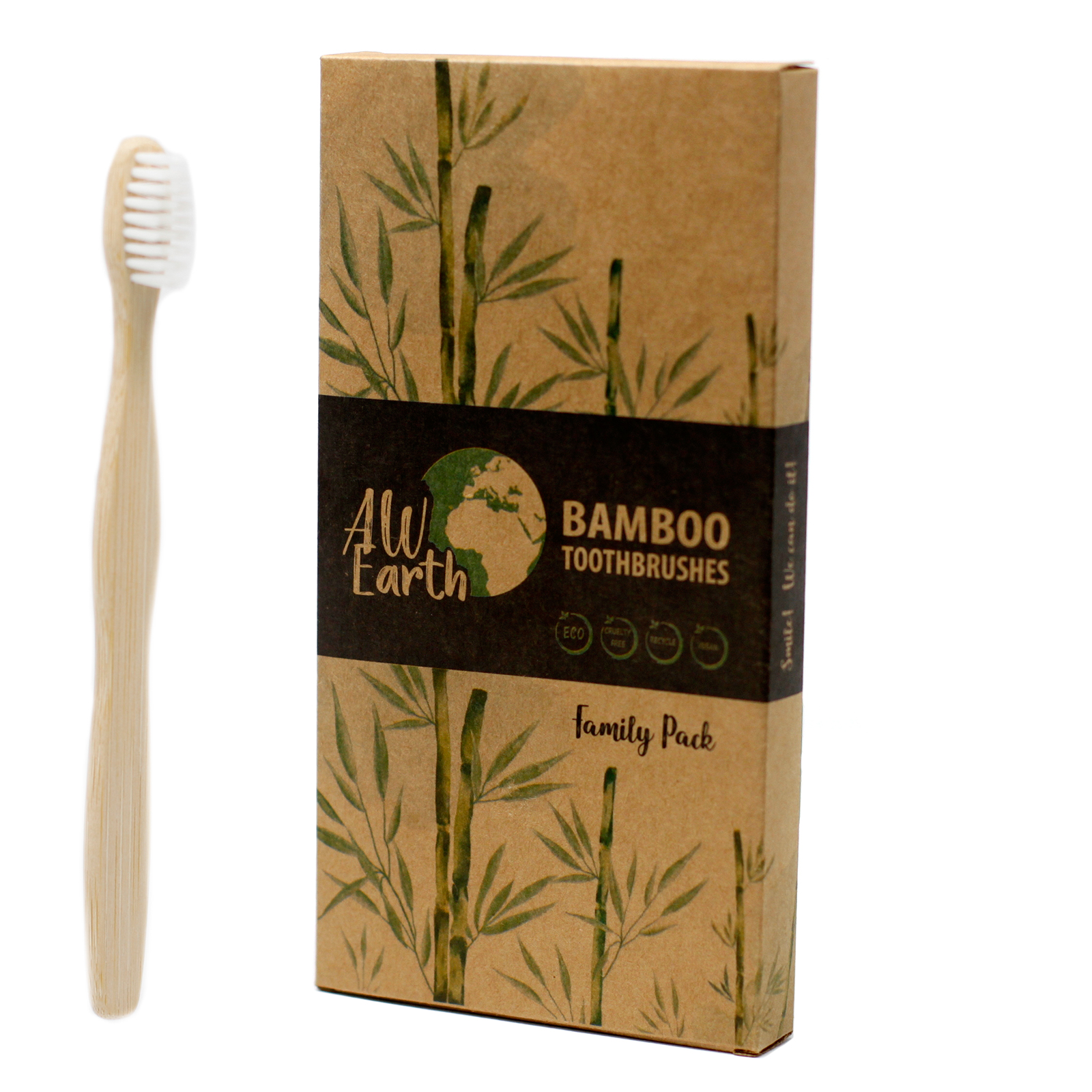 Bamboo Toothbrush - White - Family Pack of 4 - Med Soft