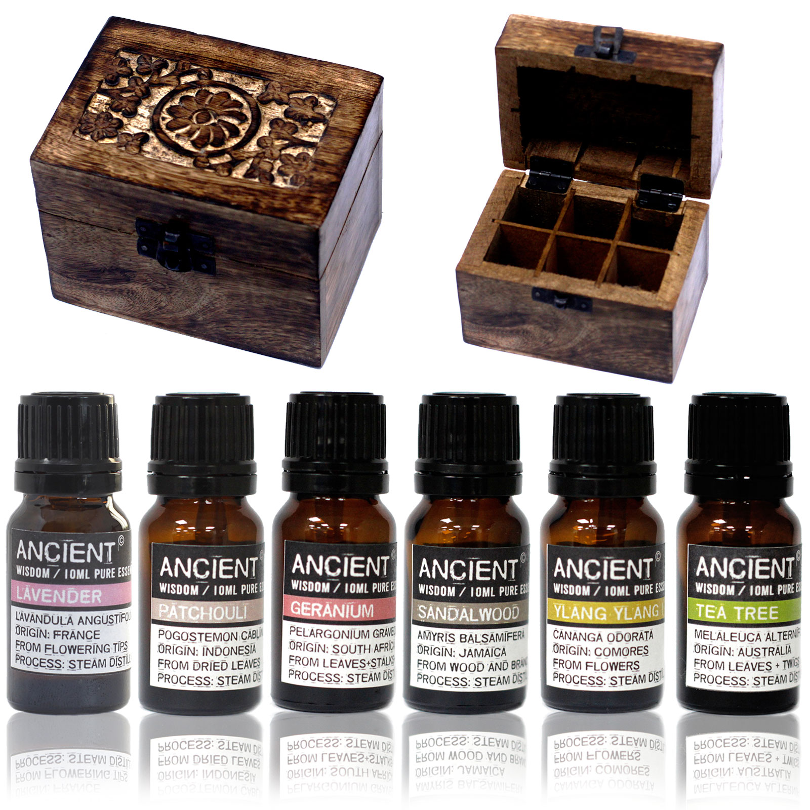 Aromatherapy Set 6 Essential Oils and Carved Box Treat Box