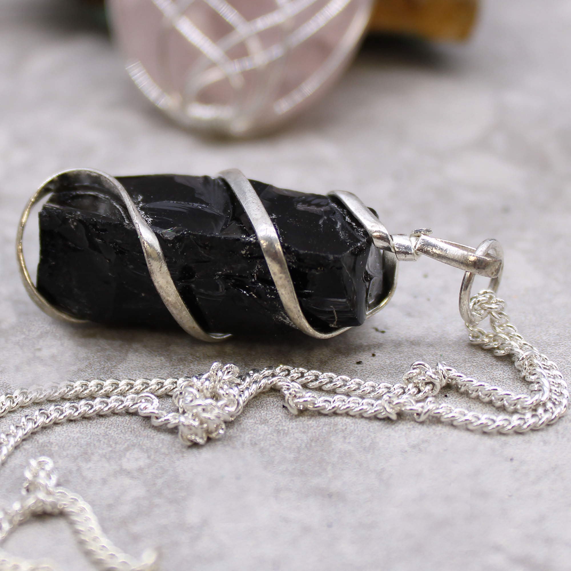Cascade Wrapped Gemstone Necklace - Rough Black Onyx