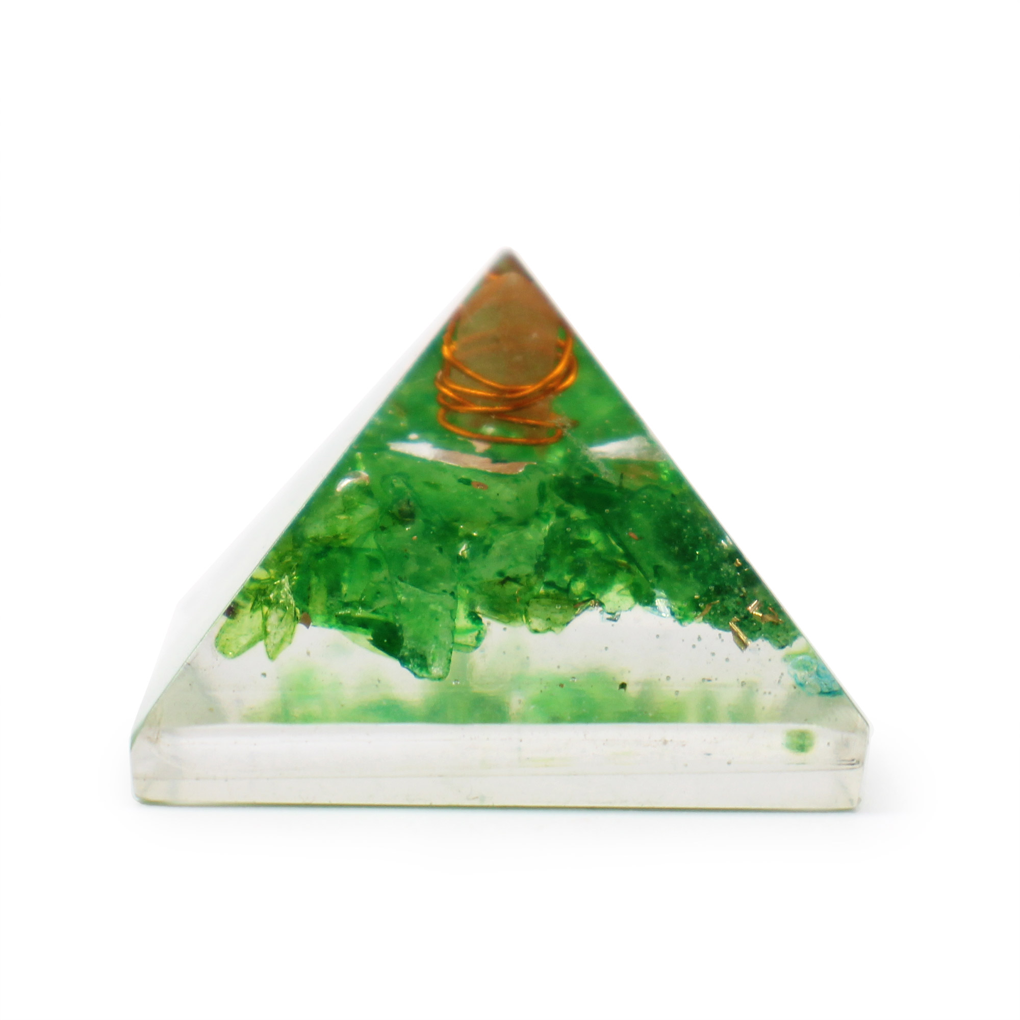 Sm Orgonite Pyramid 25mm Gemchips and Copper (assorted colours/designs)